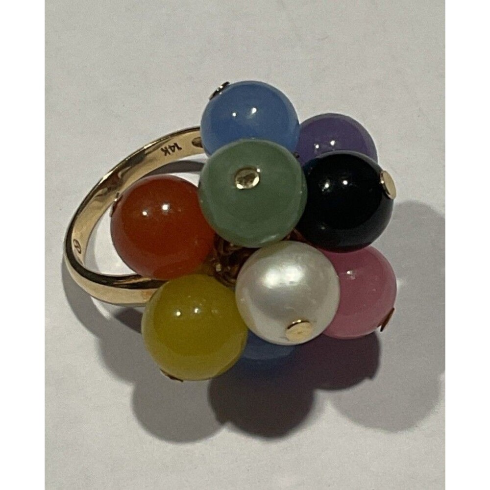 Vintage Mings Honolulu 14kt Yellow Gold Jade & Akoya Pearl Cluster Ring Size 6.5